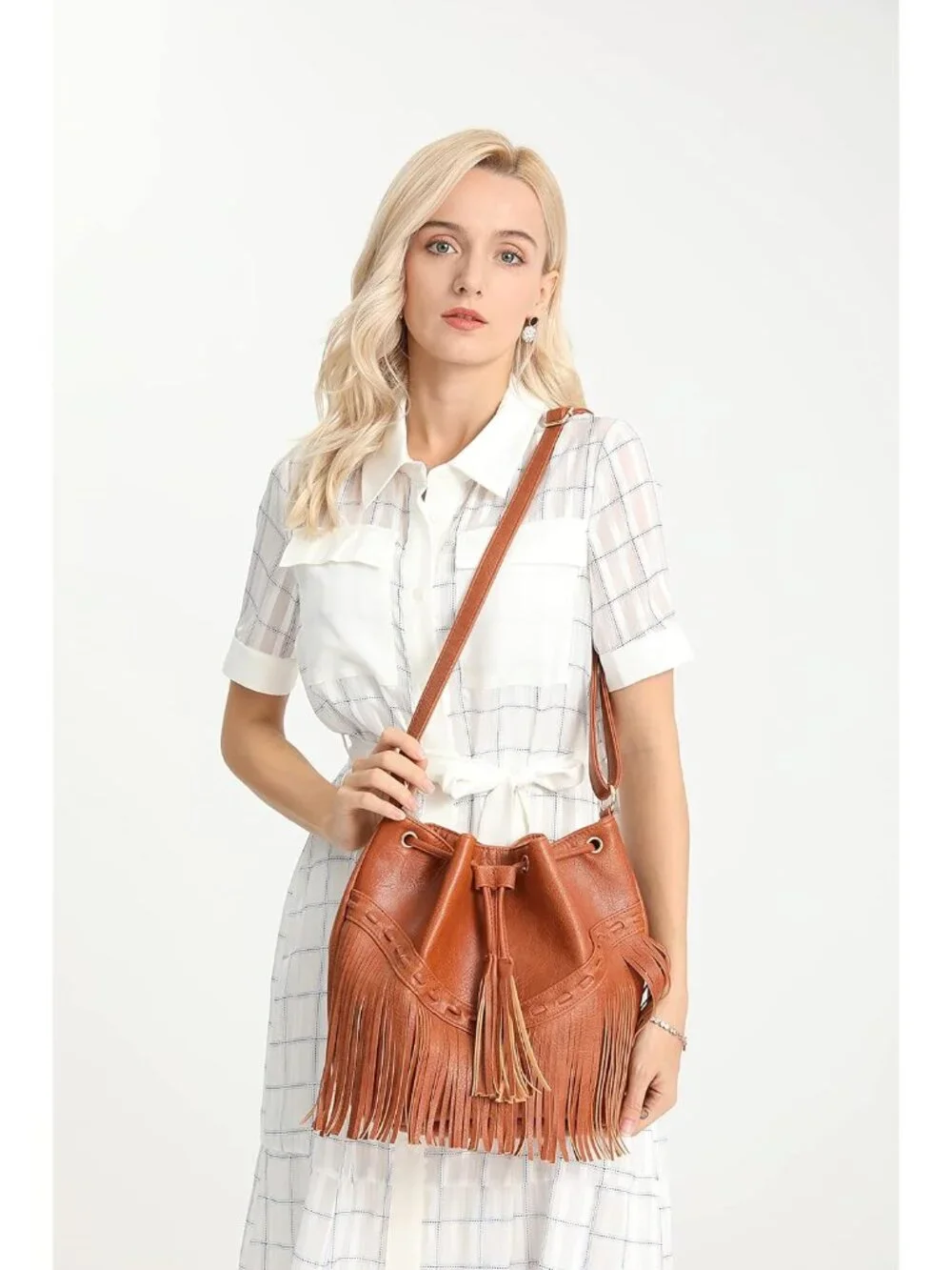 Leather Bucket Bags for Women Crossbody Fringe Purses with Drawstring Ladies Tas - Picture 2 of 8